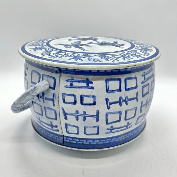 Vintage Metal Tin with Roped Handle Blue White - Picture 2 of 8